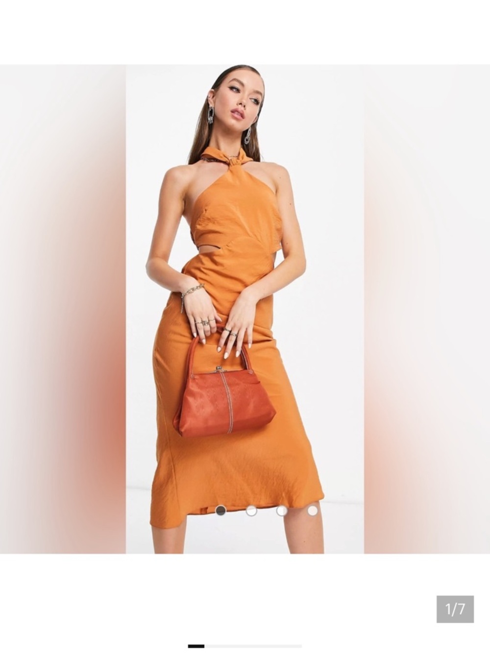 NWT Asos Textured Halter Midi Dress with Ruched Back Strap in Rust - Size 10